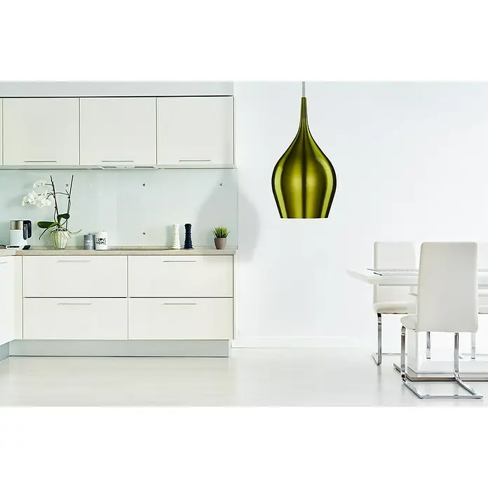 Searchlight Pendelleuchte Vibrant - 40 W, L x B x H: 12 x 12 x 142 cm, Grün, E14, 120 mm - Hängeleuchte in Olivegrün, ein echter Blickfang für moderne Küchen und Esszimmer, die durch ihr besonderes Design sofort ins Auge fällt.