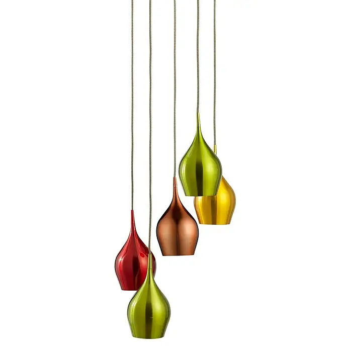 Searchlight Pendelleuchte Vibrant - 200 W, L x B x H: 31 x 30,5 x 160 cm, Bunt, E14 - Mehrfarbige Hängelampen mit tropfenförmigen Lampenschirmen in Rot, Kupfer, Grün und Gold. Eine elegante Beleuchtungsidee.