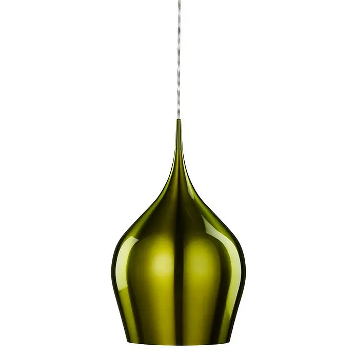 Searchlight Pendelleuchte Vibrant - 60 W, L x B x H: 26 x 26 x 160 cm, Grün, E27, 260 mm - Glänzende, olivgrüne Pendelleuchte mit Tropfenform an einer weißen Zuleitung vor einem schwarzen Hintergrund.