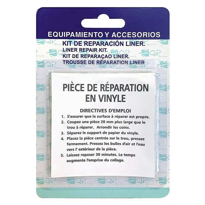 Kit de reparación subacuático Parche - 3 pzs. - Imagen de un paquete de kit de reparación de liners con instrucciones para reparar liners de vinilo.