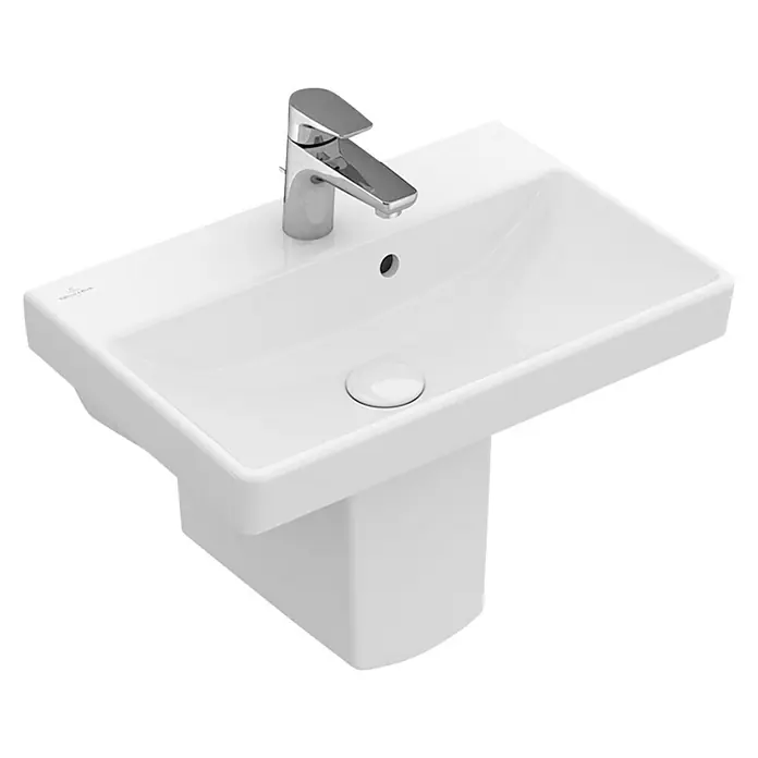 Villeroy & Boch Avento Waschtisch Compact - 55 x 37 cm, Ohne Spezialglasur, Hahnloch: Mitte, Mit Überlauf, Weiß - Weißes Waschbecken mit Chromarmatur, ideal für moderne Badezimmer. Elegantes und zeitloses Design.