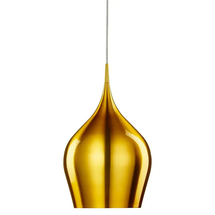 Searchlight Pendelleuchte Vibrant - 60 W, L x B x H: 26 x 26 x 160 cm, Gold, E27, 260 mm - Nahaufnahme einer eleganten, goldfarbenen Pendelleuchte an einer weißen Schnur vor schwarzem Hintergrund.