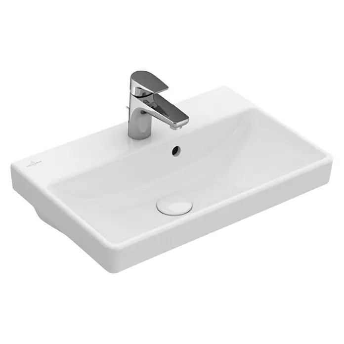 Villeroy & Boch Avento Waschtisch Compact - 55 x 37 cm, Ohne Spezialglasur, Hahnloch: Mitte, Mit Überlauf, Weiß - Weißes Aufsatzwaschbecken mit Chromarmatur und modernem Design für das Badezimmer.
