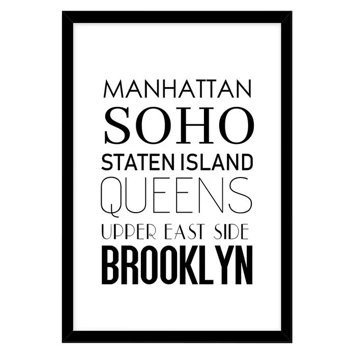 Bild - Districts, B x H: 30 x 40 cm - Gerahmtes New York Stadtteile Poster in Schwarz-Weiß. Dekoratives Wandbild mit Manhattan, Soho, Queens und Brooklyn Schriftzug für Wohnräume.