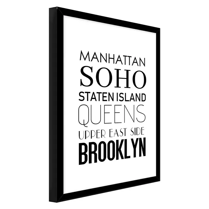 Bild - Districts, B x H: 30 x 40 cm - Schwarzer Rahmen mit einer Grafik mit den Namen New Yorker Stadtteile wie Manhattan, Soho, Queens und Brooklyn. Wanddeko für Ihr Zuhause.