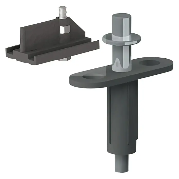 Valcomp by Mantion Falttürbeschlag Herkules Plus150 cm, Traglast: 40 kg - Darstellung von zwei Komponenten einer Türfeststellvorrichtung, die ein schwarzes, kantiges Design aufweisen und für die Montage konzipiert sind.
