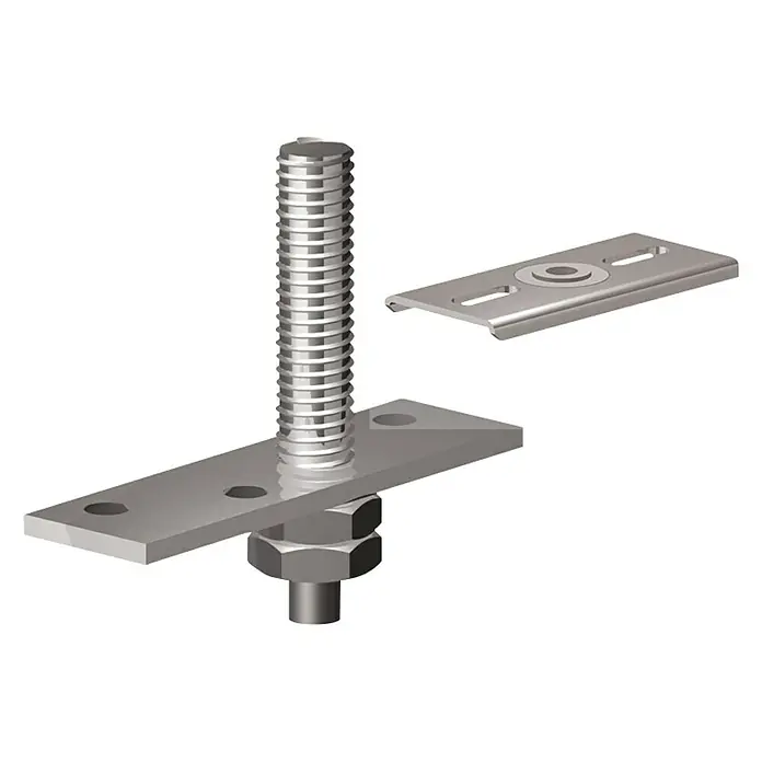 Valcomp by Mantion Falttürbeschlag Herkules Plus150 cm, Traglast: 40 kg - Ein Metallprodukt, das aus einer Gewindestange, einer Mutter und einer Montageplatte besteht. Es ist für die Befestigung von Solarmodulen konzipiert.