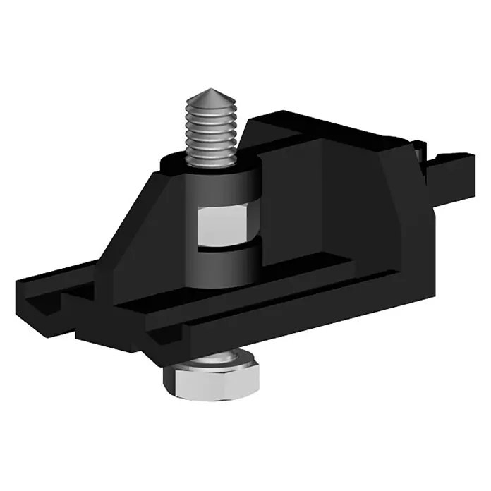 Valcomp by Mantion Ergänzungs-Set Herkules 120Traglast: 120 kg, Passend für: Schiebetürbeschlag Herkules 120 - Schwarz-silberne 3D-Darstellung eines Erdungsklemmenblocks. Er verfügt über Schrauben und ist für elektrische Erdungsanwendungen geeignet.