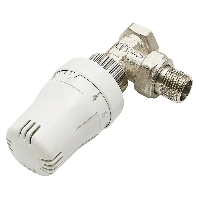 Admiral Thermostatventil-Set - ½″, Eckventil - Thermostatventil mit weißem Thermostatkopf und silberfarbenem Ventilgehäuse zur Temperaturregelung.
