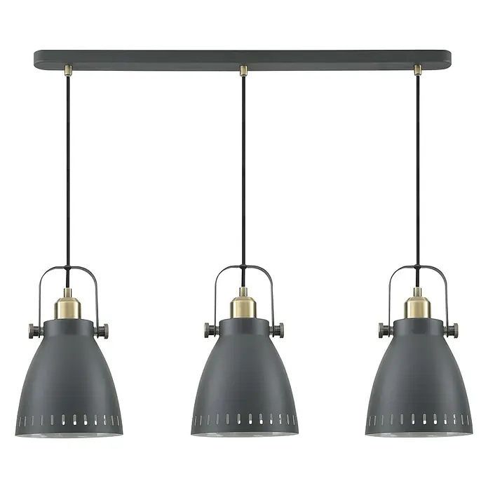 Tween Light Pendelleuchte - Höhe: 176 cm - Pendelleuchte mit drei grauen Lampenschirmen und Messingdetails, ideal für moderne Esszimmer.