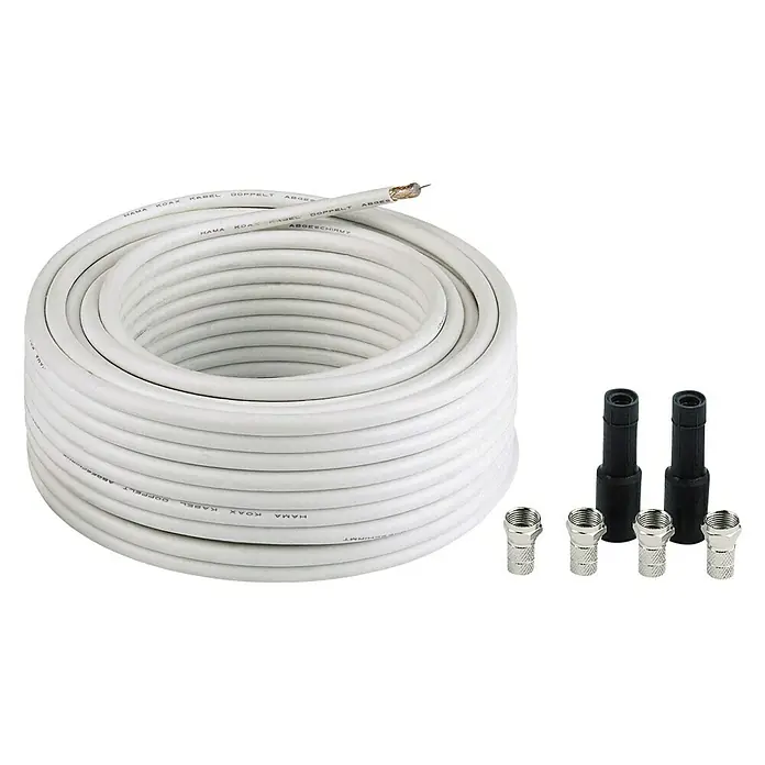 Hama SAT-Anschlusskabel Digital - 40 m, 7 mm, 100 dB - Weißes Koaxialkabel-Set von Hama mit passenden F-Steckern und Schutztüllen für sichere Kabelverbindungen im Haus.