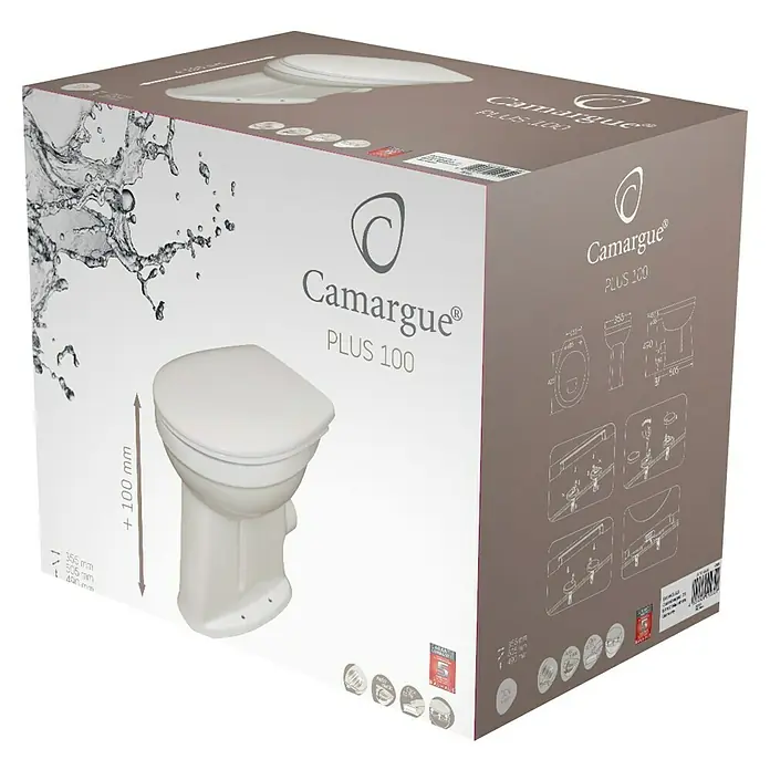 Camargue Stand-WC-Set Plus 100 - Mit Spülrand, WC Abgang: Waagerecht, Weiß - Produktverpackung der Camargue Plus 100 Toilette. Das Produkt wird mit technsichen Details und Wasserzeichen illustriert.