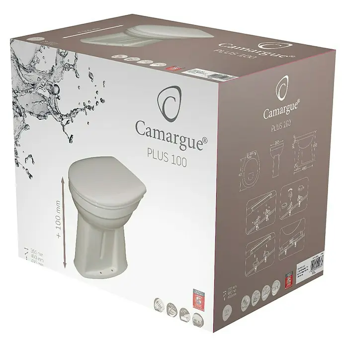 Camargue Stand-WC-Set Plus 100Mit Spülrand, Ohne Spezialglasur, Spülform: Flach, WC Abgang: Senkrecht, Weiß - Produktfoto einer Camargue Plus 100 WC-Packung, die ein erhöhtes Stand-WC mit Spülkasten und WC-Sitz zeigt.