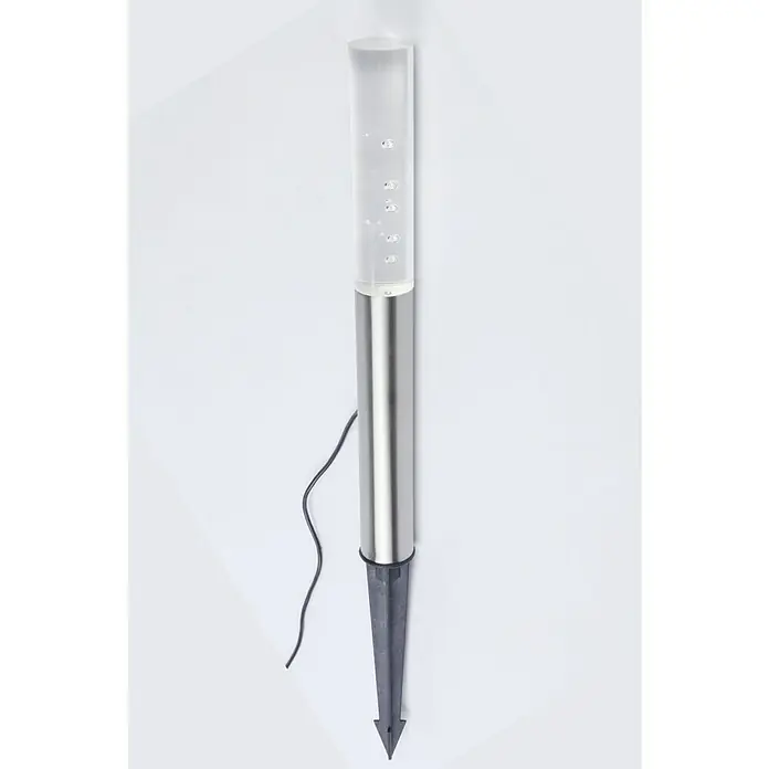 Lutec Estaca solar Burbuja -  - Primer plano de una moderna lámpara de jardín con cilindro transparente y cuerpo de acero inoxidable, ideal para crear ambiente al aire libre.