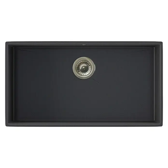 Atron Fregadero encastrable Stuttgart - 43 x 74 cm, Material compuesto, Negro, Mate - Un moderno fregadero de cocina rectangular en antracita con un desagüe redondo central. El fregadero parece profundo y hecho de material resistente.