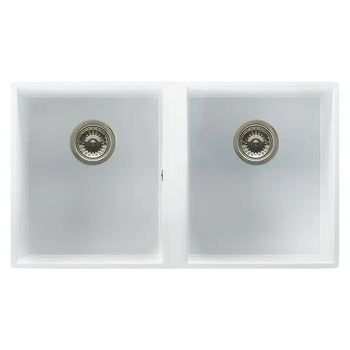 Atron Fregadero encastrable Colonia - 42,5 x 74,5 cm, Material compuesto, Blanco mate - Fregadero doble de cerámica blanca con cubetas gemelas y desagües redondos, ideal para cualquier cocina moderna.