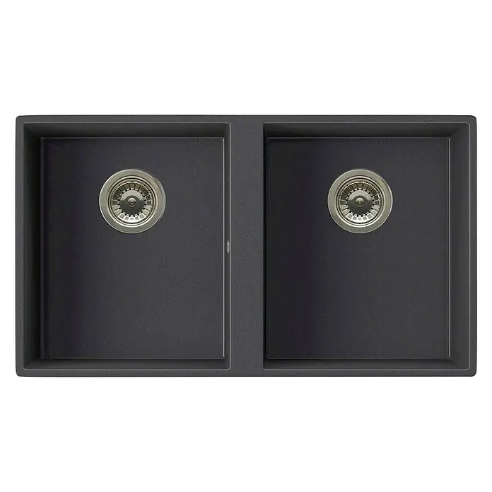 Atron Fregadero encastrable Colonia - 42,5 x 74,5 mm, Material compuesto, Negro - Fregadero doble de granito antracita con dos cubetas y desagües para un diseño de cocina moderno.