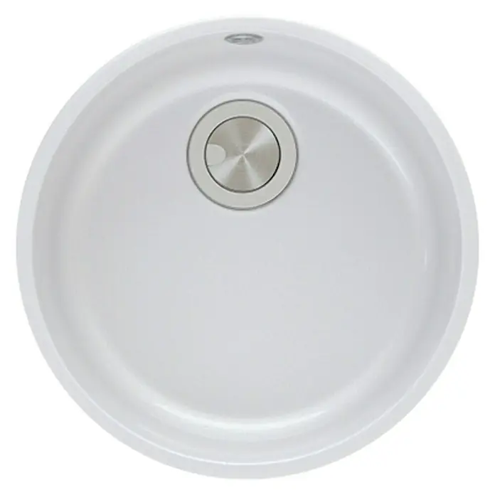 Atron Fregadero encastrable Round - 44,6 x 44,6 cm, Material compuesto, Blanco - Primer plano de un fregadero redondo blanco con un desagüe de níquel cepillado, que muestra un diseño elegante y moderno.