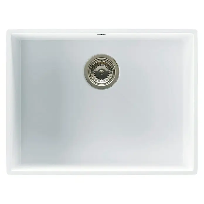 Atron Fregadero encastrable Essen - 43,6 x 54,6 cm, Material compuesto, Blanco, Brillante - Primer plano de un fregadero de cerámica blanca con un desagüe en el centro. Diseño moderno para cocinas.