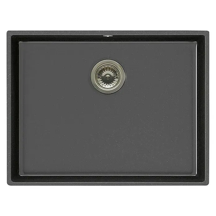 Atron Fregadero encastrable Essen - 43,6 x 54,6 cm, Material compuesto, Negro, Brillante - Primer plano de un fregadero gris con desagüe central, ideal para cocinas modernas. Diseño elegante y materiales duraderos caracterizan este fregadero.