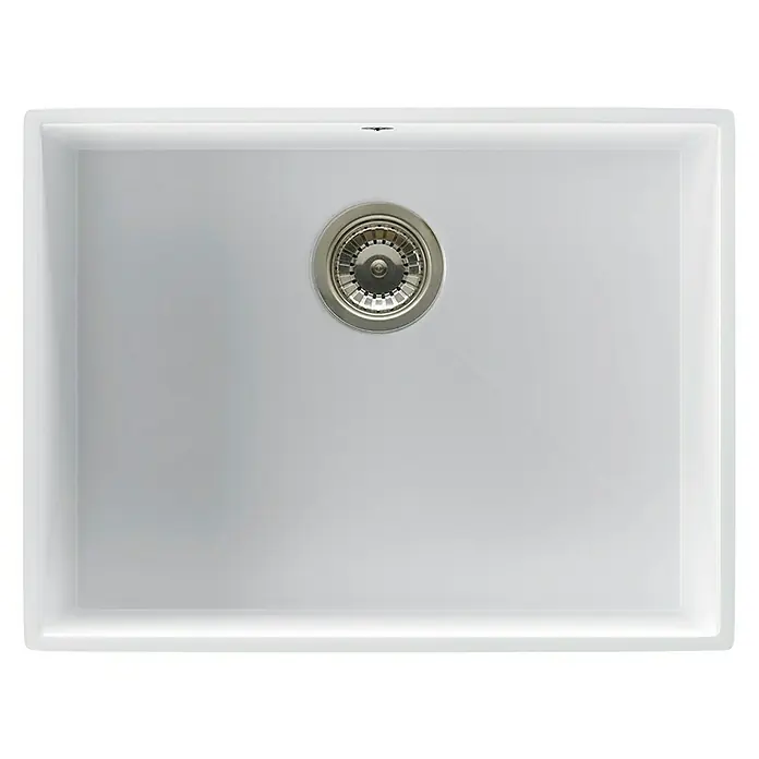 Atron Fregadero encastrable Essen - 43,6 x 54,6 cm, Material compuesto, Blanco, Mate - Primer plano de un fregadero de cerámica con un desagüe brillante en el centro.