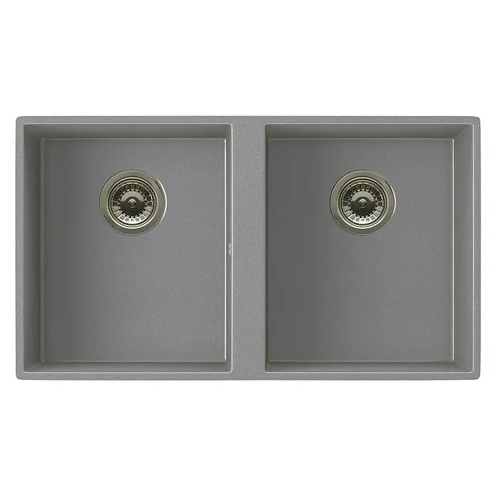 Atron Fregadero encastrable Colonia - 42,5 x 74,5 mm, Material compuesto, Metal - Fregadero doble de granito gris con dos cubetas y un desagüe central. El fregadero tiene un acabado moderno y de alta calidad.