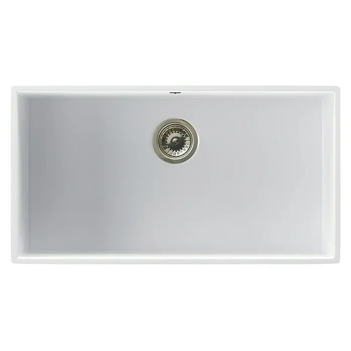 Atron Fregadero encastrable Stuttgart - 43 x 74 cm, Material compuesto, Blanco, Mate - Un fregadero rectangular blanco con un desagüe en el centro, creando un diseño limpio y funcional. Perfecto para cualquier cocina moderna.