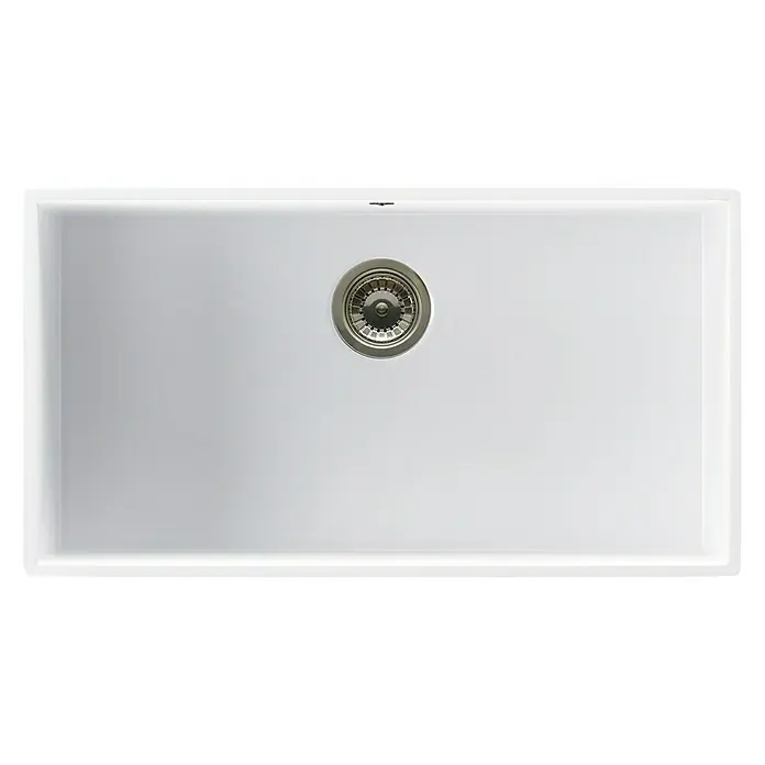 Atron Fregadero encastrable Stuttgart - 43 x 74 cm, Material compuesto, Blanco, Brillante - Un fregadero de cocina rectangular blanco con un desagüe central. El fregadero tiene una superficie lisa y un diseño moderno.