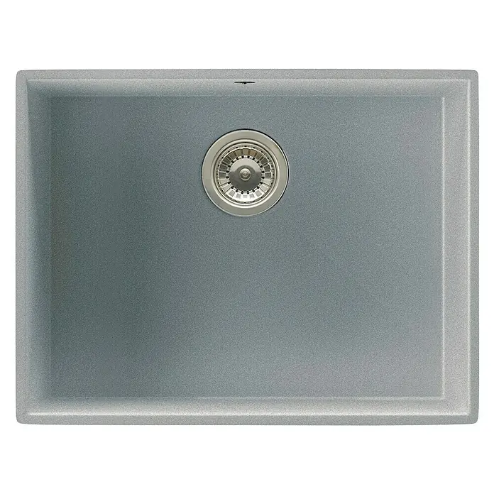Atron Fregadero encastrable Essen - 43,6 x 54,6 cm, Material compuesto, Metal, Brillante - Primer plano de un fregadero de cocina rectangular moderno en gris con un desagüe redondo de acero inoxidable en el centro.