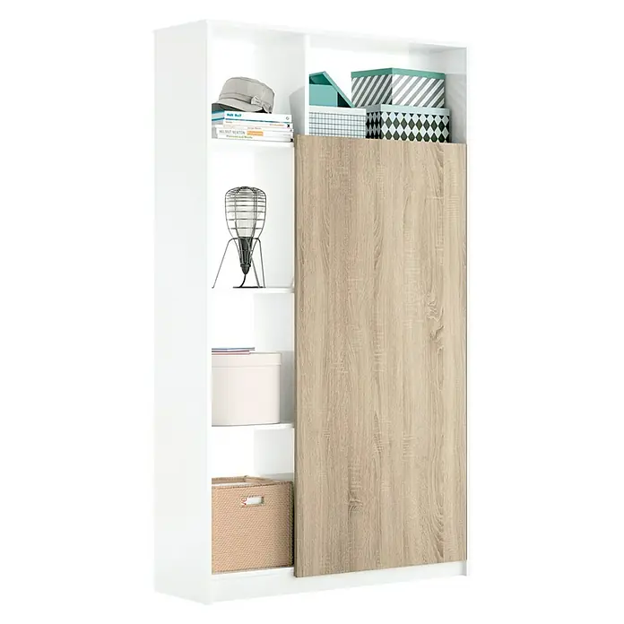 Muebles Pitarch Mueble para recibidor Neo - L x An x Al: 35 x 100 x 187 cm, Blanco/Roble - Imagen de un armario blanco con puerta corredera de madera, lleno de diversos objetos.