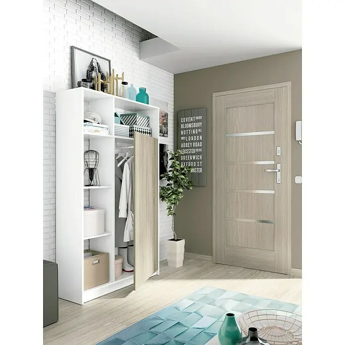 Muebles Pitarch Mueble para recibidor Neo - L x An x Al: 35 x 100 x 187 cm, Blanco/Roble - Interior moderno de un pasillo con armario blanco, parcialmente abierto, y elementos decorativos como planta y señal de Londres.
