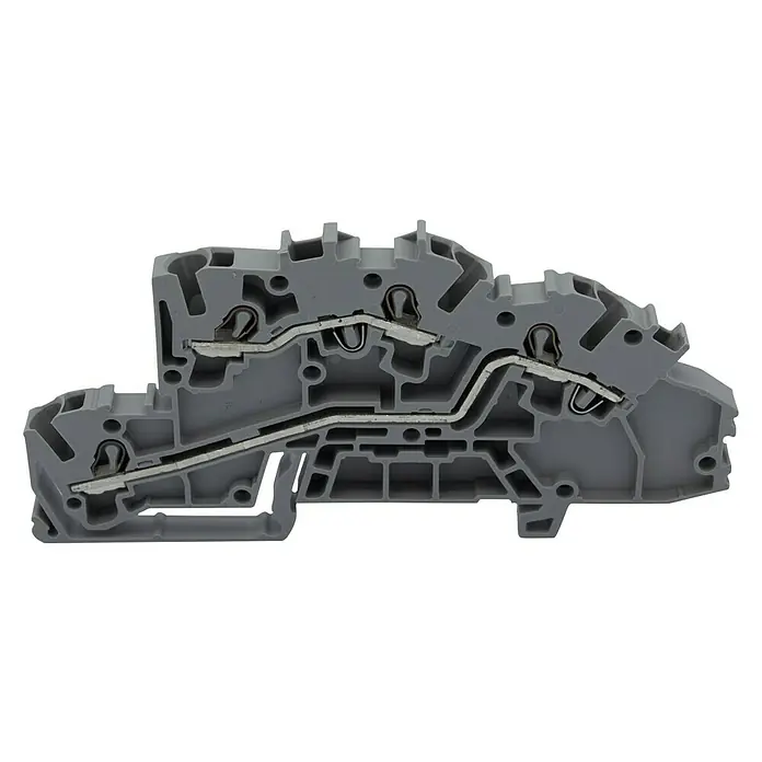 Wago Topjob Installationsetagenklemme S 2003-7642 - L/L, 2,5 mm², Grau, 6 Stk. - Detailaufnahme eines Reihenklemmenblocks mit inneren Metallkomponenten, ideal für elektrische Installationen und Verbindungen.
