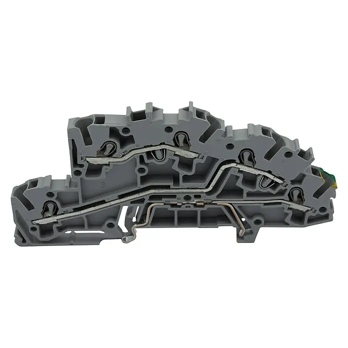 Wago Topjob Installationsetagenklemme S 2003-7645 - L/L/PE, 2,5 mm², Grau, 6 Stk. - Nahaufnahme eines grauem Reihenklemmenblocks, der die internen Metallverbindungen und die Konstruktion für elektrische Verbindungen zeigt.