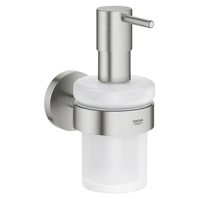 Grohe Essentials Dispensador de jabón - Súper acero - Dispensador de jabón de pared con recipiente de vidrio esmerilado y acabado cepillado. El producto es de Grohe y ofrece una solución elegante para el baño.