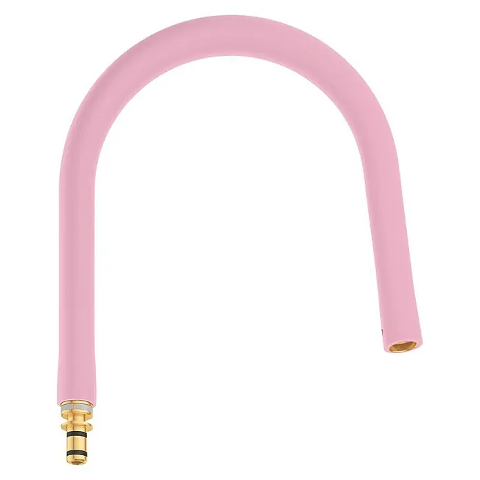 Grohe Essence Schlauchauslauf GrohFlex - Pink, Silikon - Rosa Küchenarmatur mit gebogenem Auslauf und goldenen Details am Sockel vor schwarzem Hintergrund.