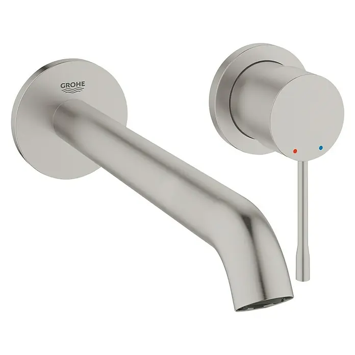 Grohe Essence Waschtischarmatur L - Wandmontage, Supersteel, Matt - Nahaufnahme einer GROHE Essence Waschtischarmatur in gebürstetem Nickel mit Hebel für präzise Wasserkontrolle.