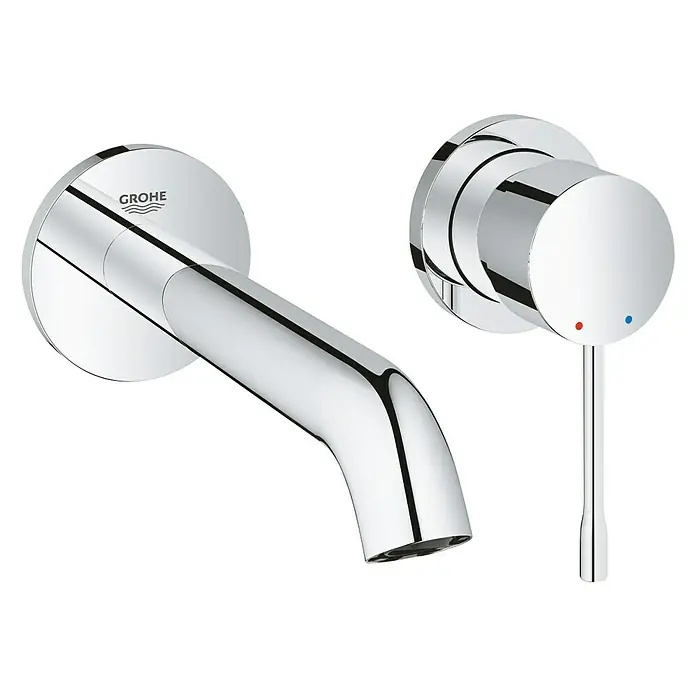 Grohe Essence Waschtischarmatur MWandmontage, Chrom, Glänzend - Bild einer glänzenden Grohe-Armatur zur Wandmontage mit Bedienhebel für eine moderne Badgestaltung.