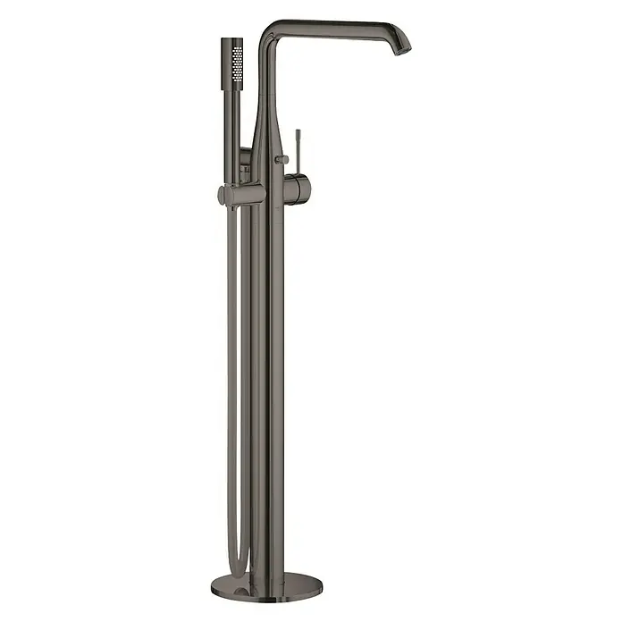 Grohe Essence Badewannenstandarmatur - Höhe: 88,4 cm, Hard Graphite, Glänzend - Eine freistehende Badewannenarmatur in dunklem Grau mit Handbrause und modernem, kantigem Design für ein luxuriöses Badezimmerambiente.