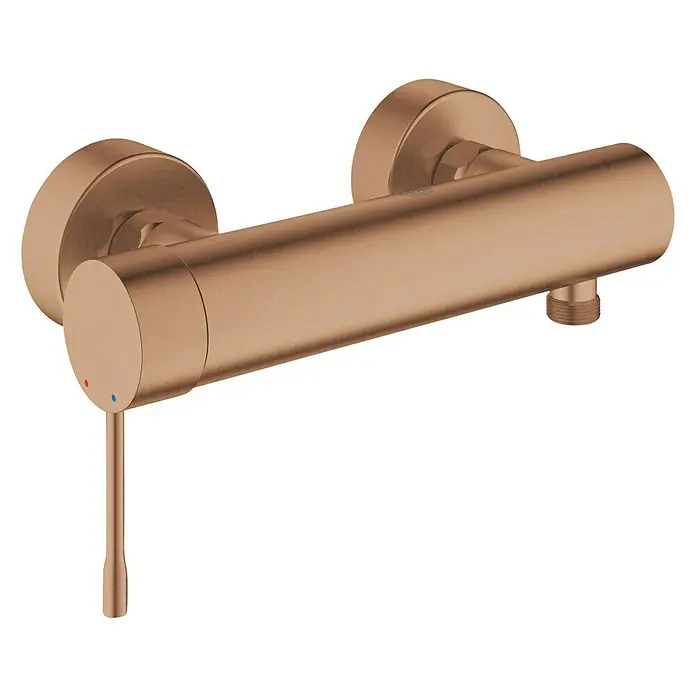 Grohe Essence Brausearmatur - Warm Sunset, Matt - Abgebildet ist eine moderne, rosé-goldene Armatur mit einem Hebel zur Temperatureinstellung und einem klaren, minimalistischen Design.