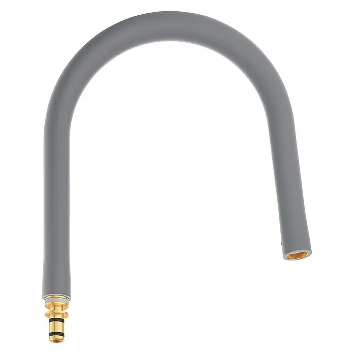 Grohe Essence Schlauchauslauf GrohFlex - Dunkelgrau, Silikon - Abgebildeter grauer, gebogener Auslauf mit goldenen Endstücken, ideal für moderne Badarmaturen und Spültischarmaturen.