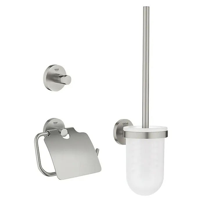 Grohe Essentials WC-Set 3in1 - 3 -tlg., Supersteel, Matt - Das Bild zeigt ein Grohe Accessoires-Set für das Badezimmer, bestehend aus Toilettenbürste, Papierhalter und Handtuchhaken in gebürstetem Nickel.
