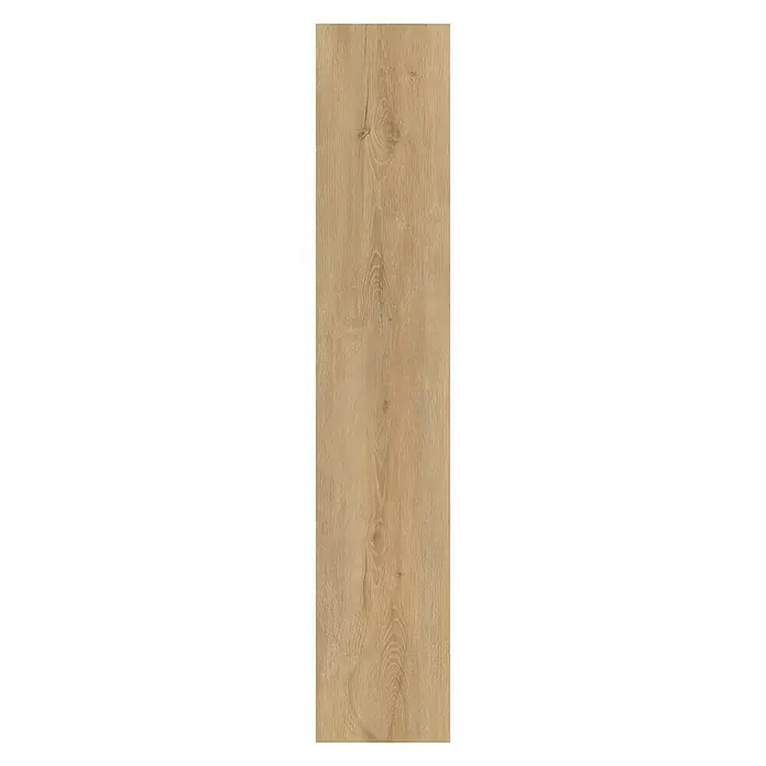 b!design Vinylboden Rigid Maxi - Ashton Eiche, Landhausdiele, 1.220 x 228 x 4,8 mm - Nahaufnahme einer einzelnen, schmalen Holzdiele mit einer natürlichen, hellbraunen Maserung.