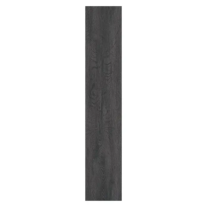b!design Vinylboden Rigid Maxi - Raiders Eiche, Landhausdiele, 1.220 x 228 x 4,8 mm - Schwarze Holzplatte mit markanter Maserung. Ideal für stilvolle Möbel oder als edles Wandpaneel.