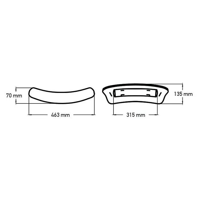 Camargue Kopfkissen Harmony - Passend für: Whirlpool Havana - Abbildung einer Armlehne mit den Maßen 463 mm Länge und 70 mm Höhe (linke Seite) sowie 315 mm Länge und 135 mm Höhe (rechte Seite).
