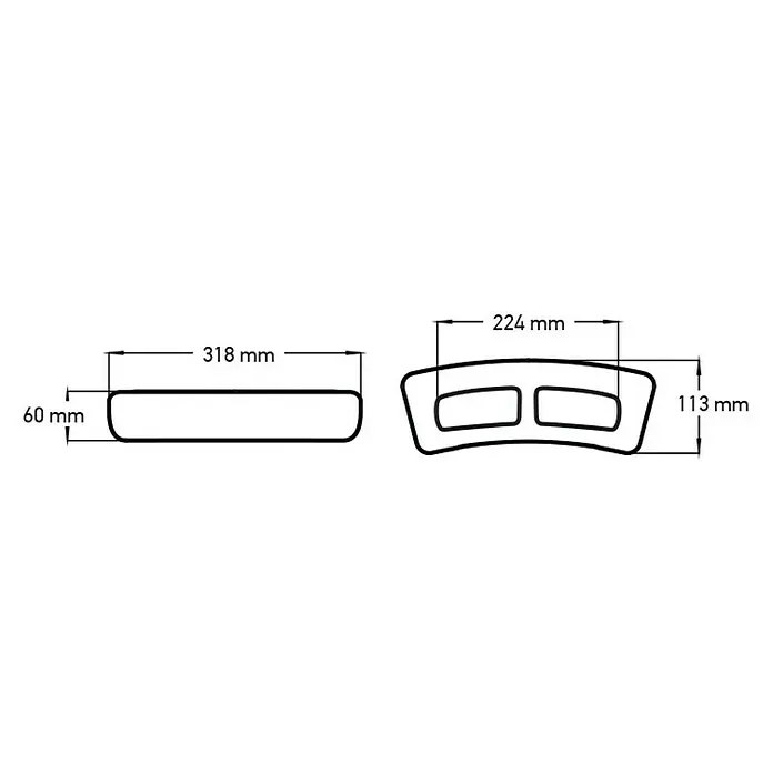 Camargue Kopfkissen - Passend für: Whirlpool Serenity, Emotion, Miami, Miami Family - Eine technische Zeichnung der Kisseneinheit mit den Maßen 318 mm Breite, 60 mm Höhe, 224 mm Breite und 113 mm Höhe.