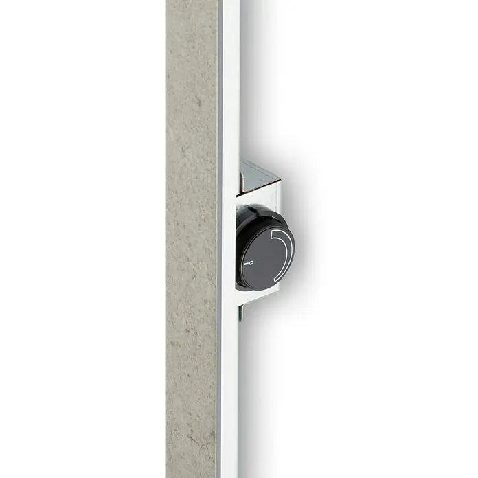 Jollytherm Infrarot-Keramikheizkörper - B x H: 600 x 1.200 mm, 1.100 W, Grau - Nahaufnahme des Heizkörperthermostats mit Drehknopf zur Temperaturregelung, eingebaut in einer modernen Heizungsanlage.