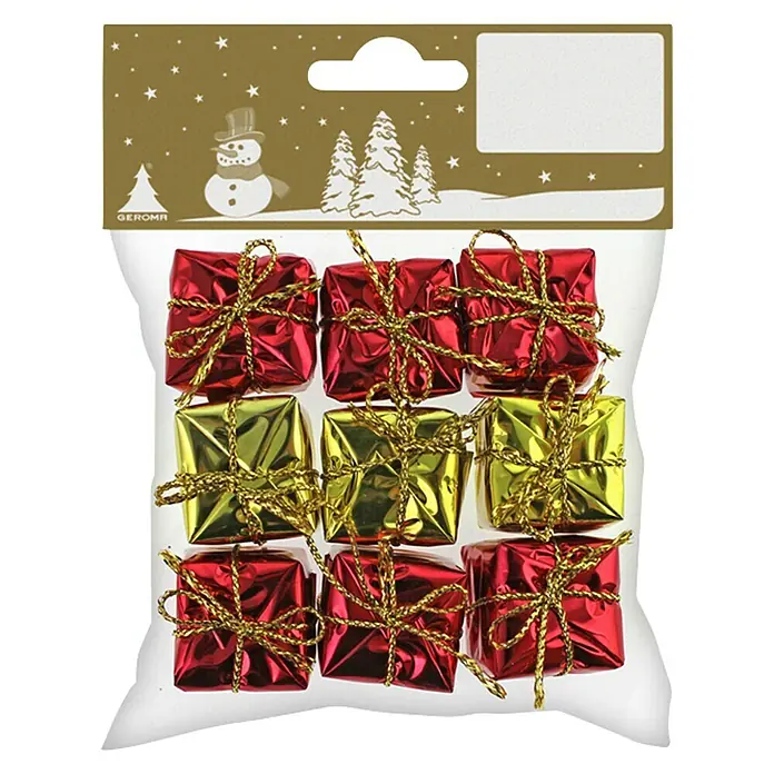 Dekoartikel Mini-Geschenke - Rot, Kunststoff, Eckig, 9 Stk. - Abbildung einer Packung mit neun Geschenkbox-Ornamenten in Rot und Gold, die mit goldenen Schnüren verziert sind. Ideal für Weihnachtsdekorationen.