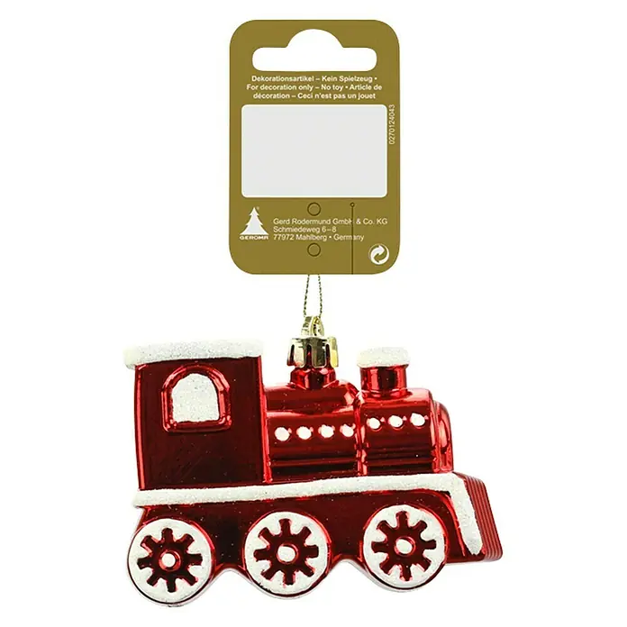 Christbaumschmuck Eisenbahn - Rot, Kunststoff - Weihnachtlicher Christbaumschmuck in Form einer roten Lokomotive mit weißen Akzenten, hängend an einer goldenen Schnur.