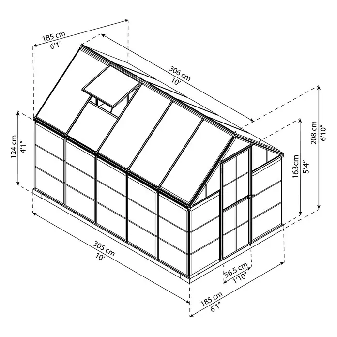 Palram – Canopia Gewächshaus Hybrid - Außenmaß inkl. Dachüberstand (B x T): 185 x 306 cm, Grün, Grundfläche: 5,7 m² - Perspektivische Darstellung eines Gewächshauses mit Maßangaben in Zentimetern und Fuß.