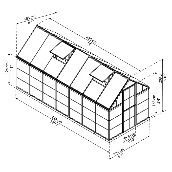 Palram – Canopia Gewächshaus Hybrid - Außenmaß inkl. Dachüberstand (B x T): 185 x 426 cm, 0,7 mm, Grün - Perspektivische Darstellung eines Gewächshauses mit Größenangaben in Zentimetern und Fuß.